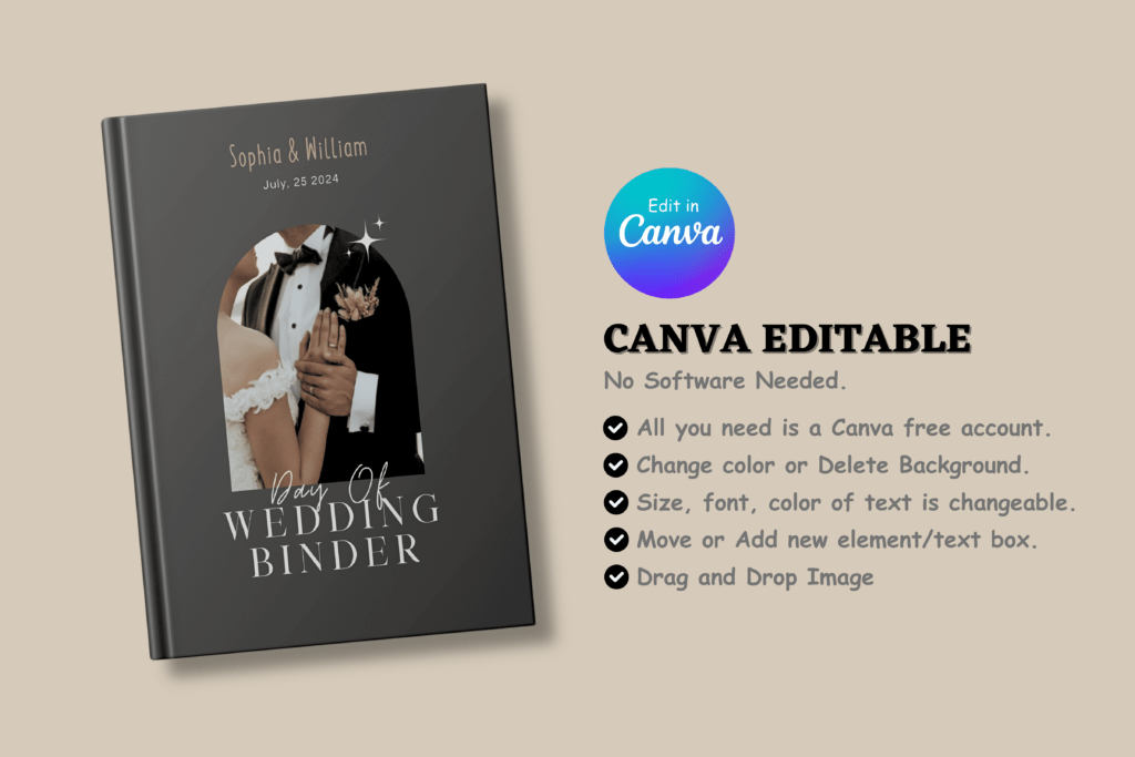 150-page wedding day binder template for Canva, letter size, fully editable preview 3