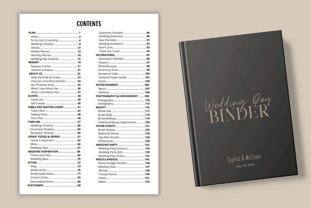150-page wedding day binder template for Canva, letter size, fully editable preview 2