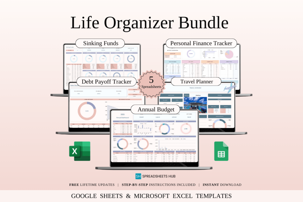 Life organizer spreadsheet bundle in Excel and Google Sheets with budget, debt, travel planners preview 1