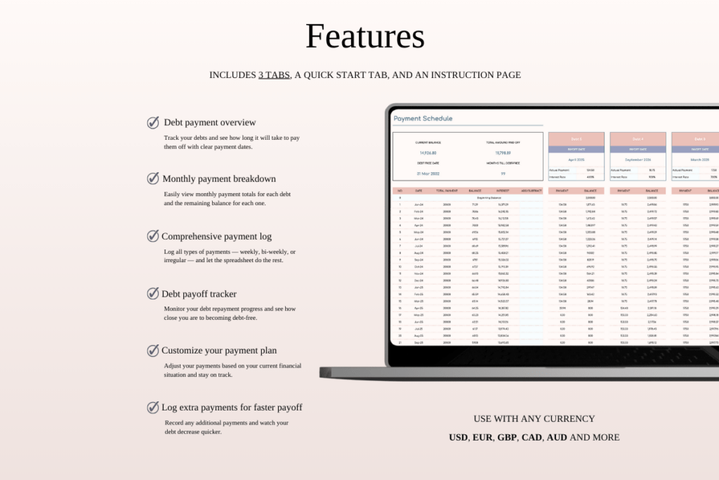Debt snowball calculator spreadsheet for Excel and Google Sheets with tracker preview 1