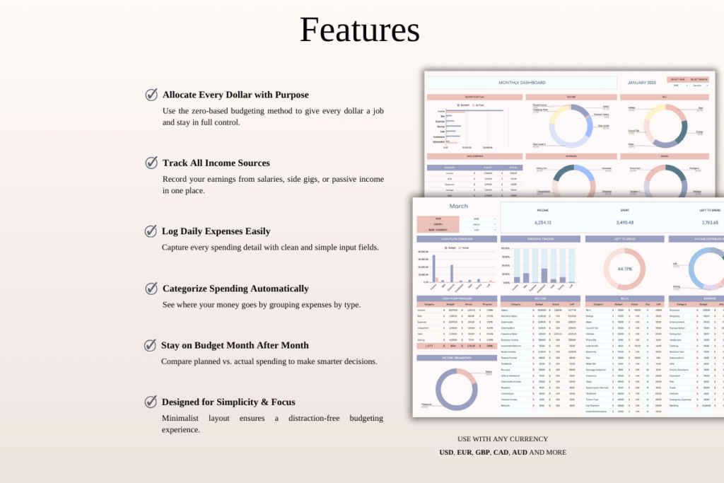 Minimalist budgeting templates for Excel and Google Sheets with zero-based budget planner preview 1
