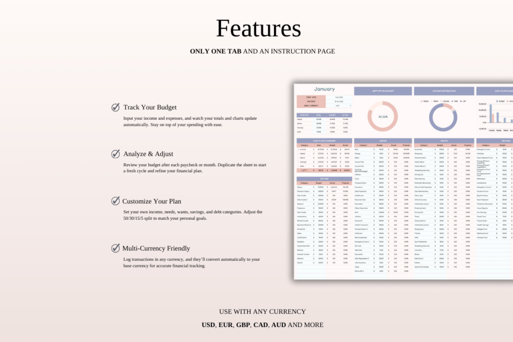 50/30/15/5 monthly budget spreadsheet template for Excel and Google Sheets preview 2