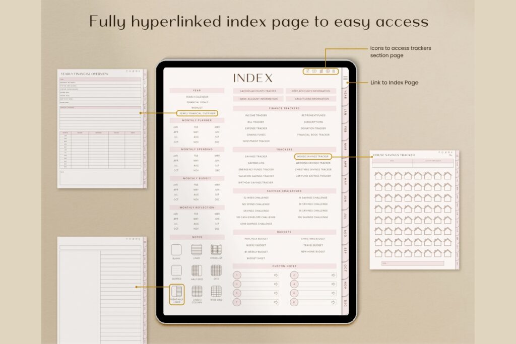 Minimal digital budget planner for GoodNotes with hyperlinked finance pages preview 1