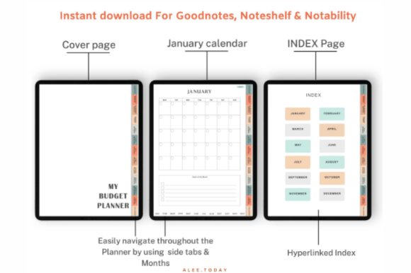 Hyperlinked digital budget planner for GoodNotes with monthly, weekly, and savings trackers preview 1