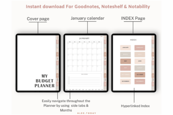 Hyperlinked digital budget planner PDF for GoodNotes with stickers and trackers preview 1