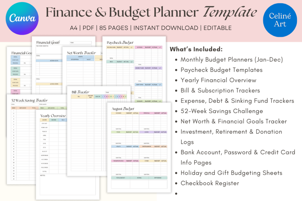 Editable Canva finance and budget planner template with trackers and worksheets preview 1