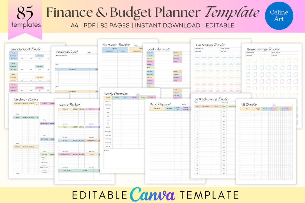Editable Canva finance and budget planner template with trackers and logs preview 1