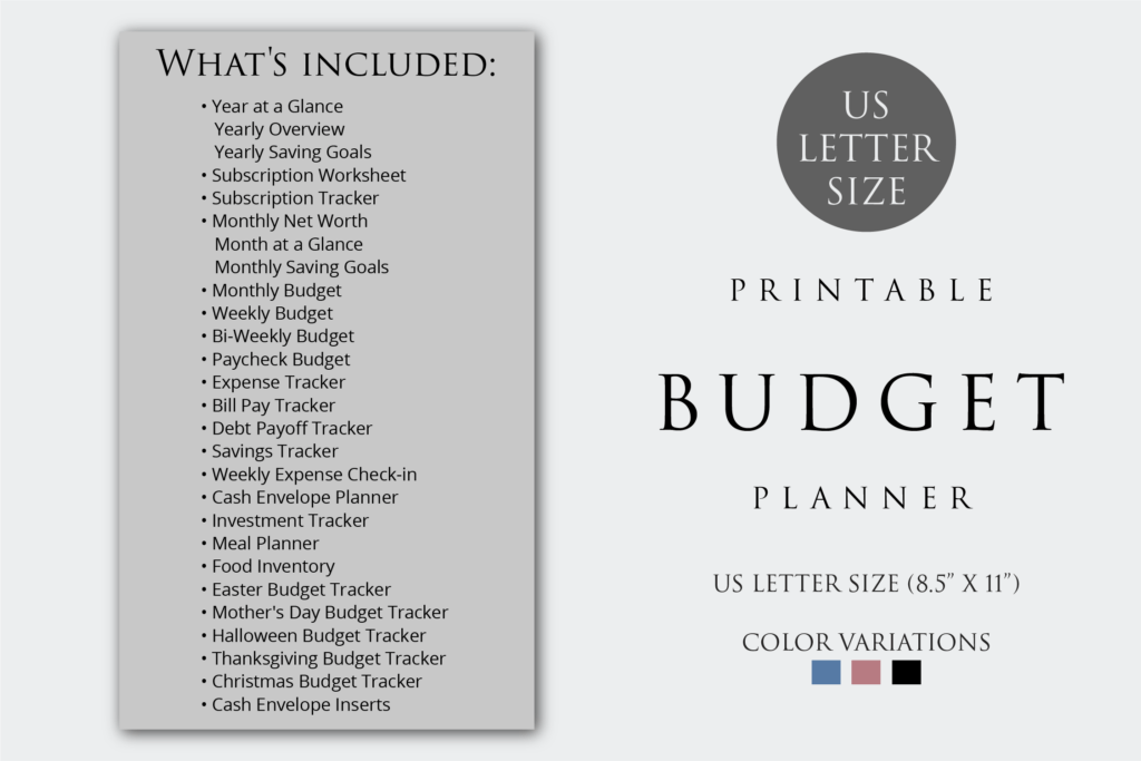 Letter-size printable budget planner PDF pages with trackers, budgets, and cash envelopes preview 1