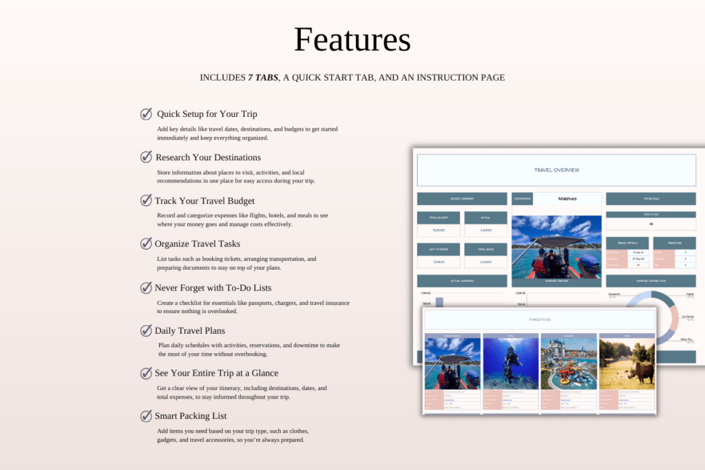 Excel and Google Sheets travel planner template with itinerary and budget dashboards preview 1