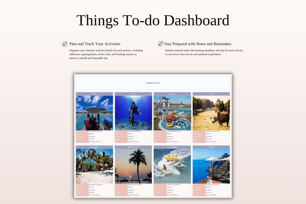Excel and Google Sheets travel planner template with itinerary and budget dashboards preview 4