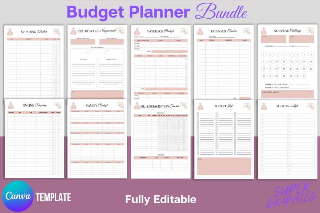 Editable budget planner Canva template bundle with 65 printable pages preview 3