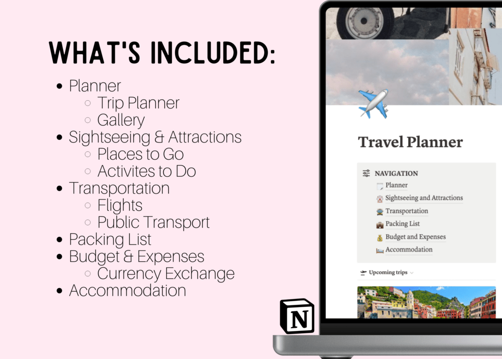 Notion travel planner dashboard template for holiday trip budgeting and itineraries preview 1