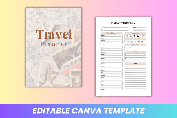 Editable travel planner KDP interior Canva template with itinerary and budget pages preview 3