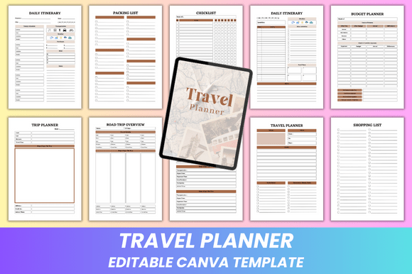 Editable travel planner KDP interior Canva template with itinerary and budget pages preview 1