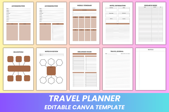 Editable travel planner KDP interior Canva template with itinerary and budget pages preview 2