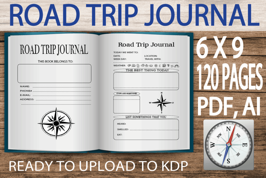 Road trip journal KDP interior, 6x9 no bleed, 120-page PDF and AI preview 1