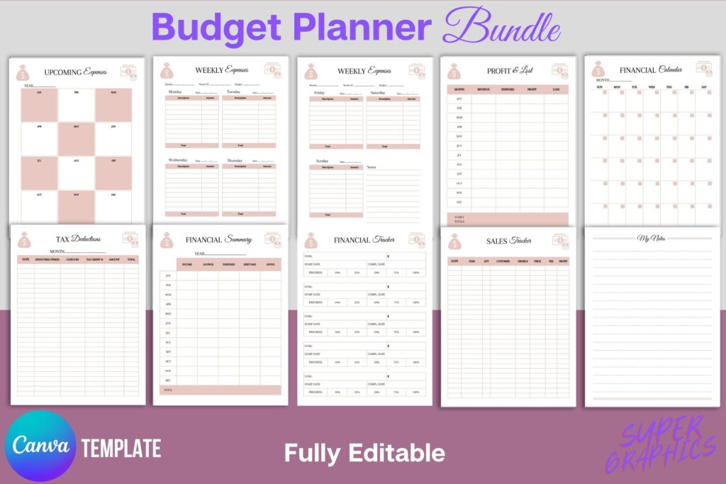Editable budget planner Canva template bundle with 65 printable pages preview 4