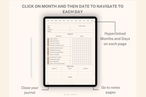 ADHD digital journal for GoodNotes with undated hyperlinked daily pages preview 2