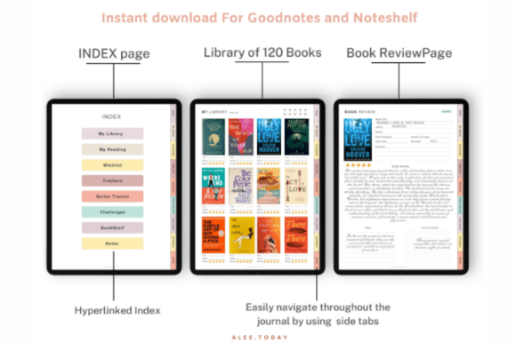 Hyperlinked digital reading journal for GoodNotes with reviews, trackers, and wishlist preview 1