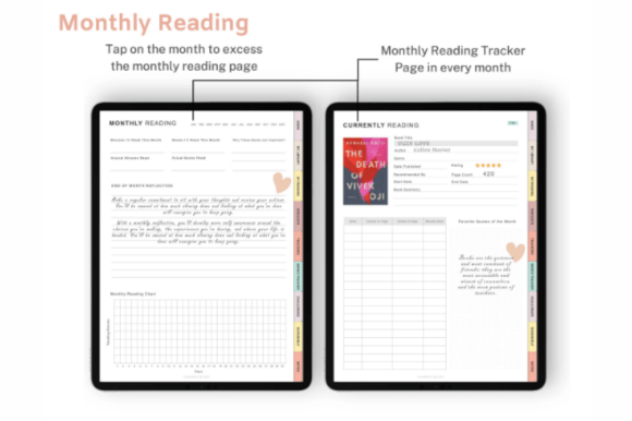 Hyperlinked digital reading journal for GoodNotes with reviews, trackers, and wishlist preview 3