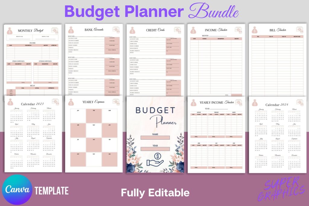 Editable budget planner Canva template bundle with 65 printable pages preview 1