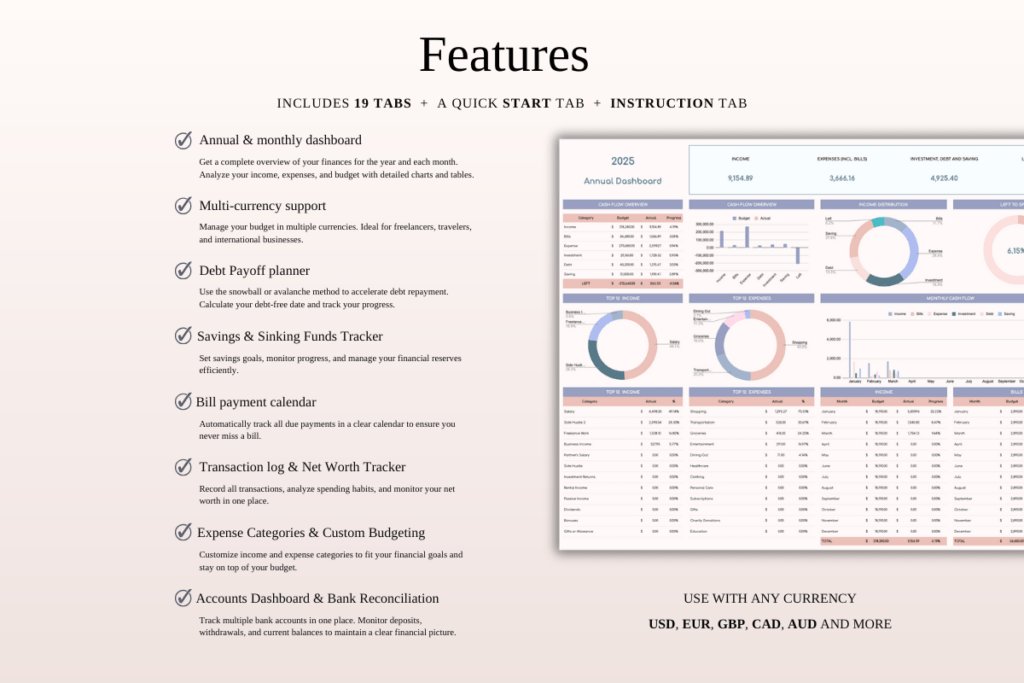 Annual budget spreadsheet template for Excel and Google Sheets with reports and automated calculations preview 1
