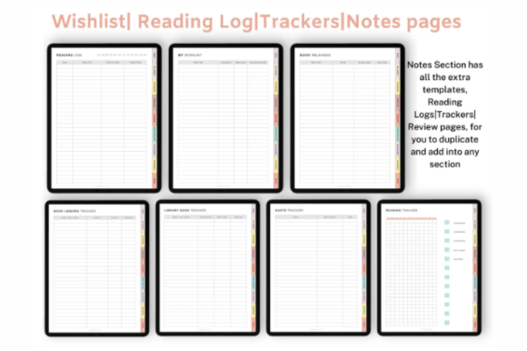Hyperlinked digital reading journal for GoodNotes with reviews, trackers, and wishlist preview 4