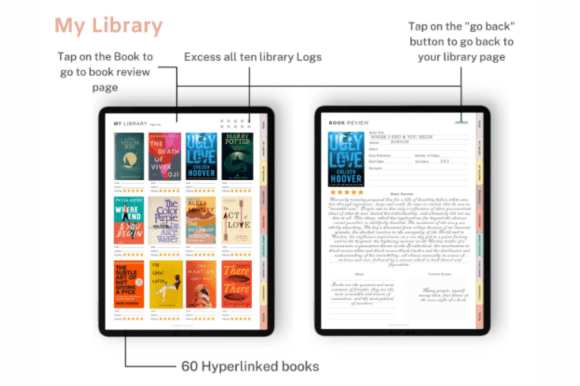 Hyperlinked digital reading journal for GoodNotes with reviews, trackers, and wishlist preview 2