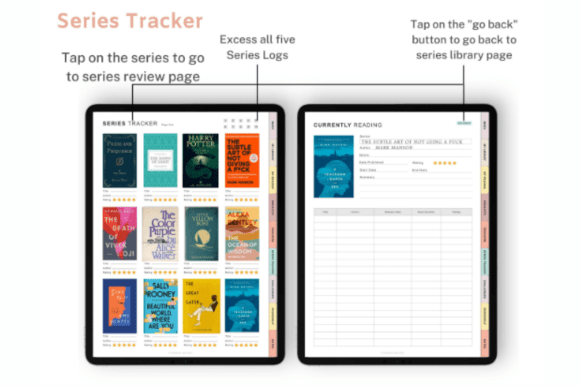 Hyperlinked digital reading journal for GoodNotes with reviews, trackers, and wishlist preview 5