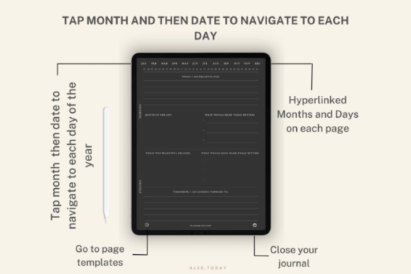 Dark mode digital gratitude journal for GoodNotes with hyperlinked 365 pages preview 2