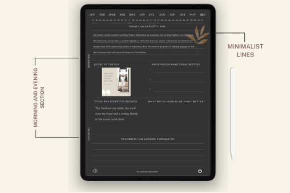 Dark mode digital gratitude journal for GoodNotes with hyperlinked 365 pages preview 4