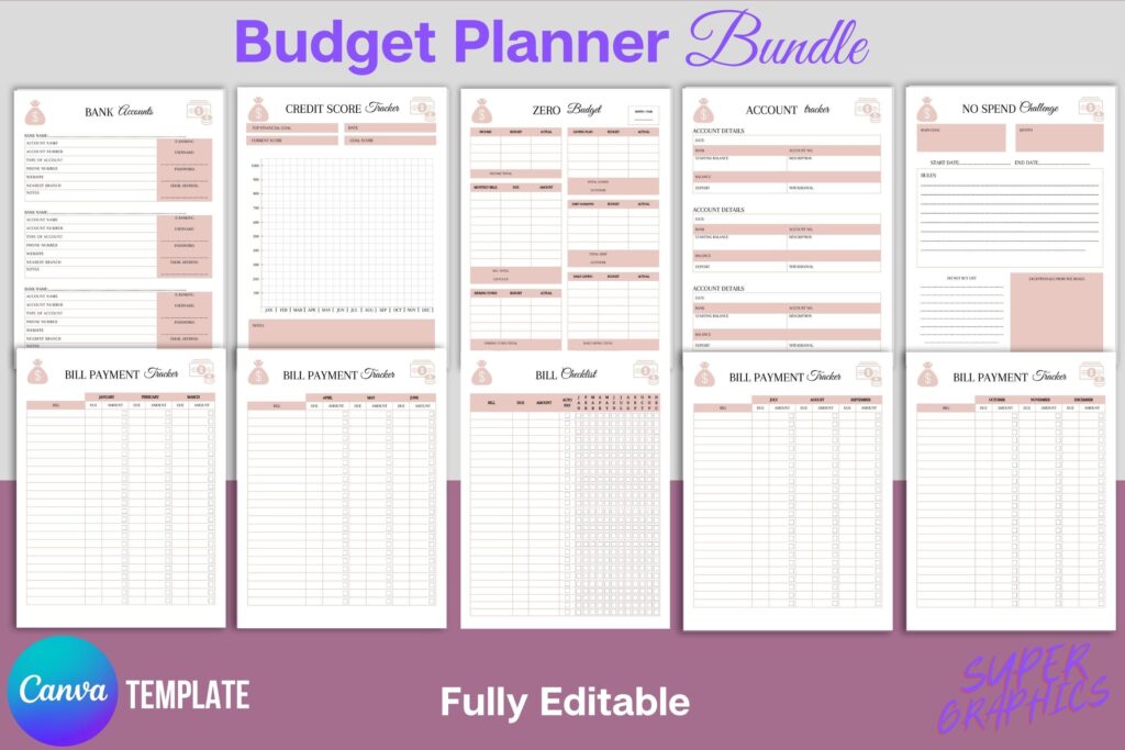 Editable budget planner Canva template bundle with 65 printable pages preview 2