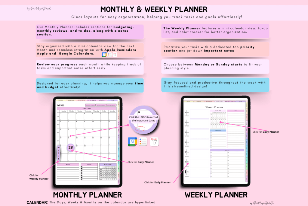 Portrait daily digital planner PDF, 2025-2027, hyperlinked for GoodNotes preview 3