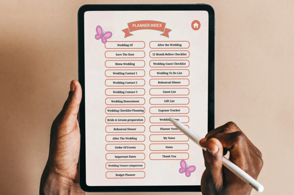Editable Canva digital wedding planner for iPad with hyperlinked index pages preview 1
