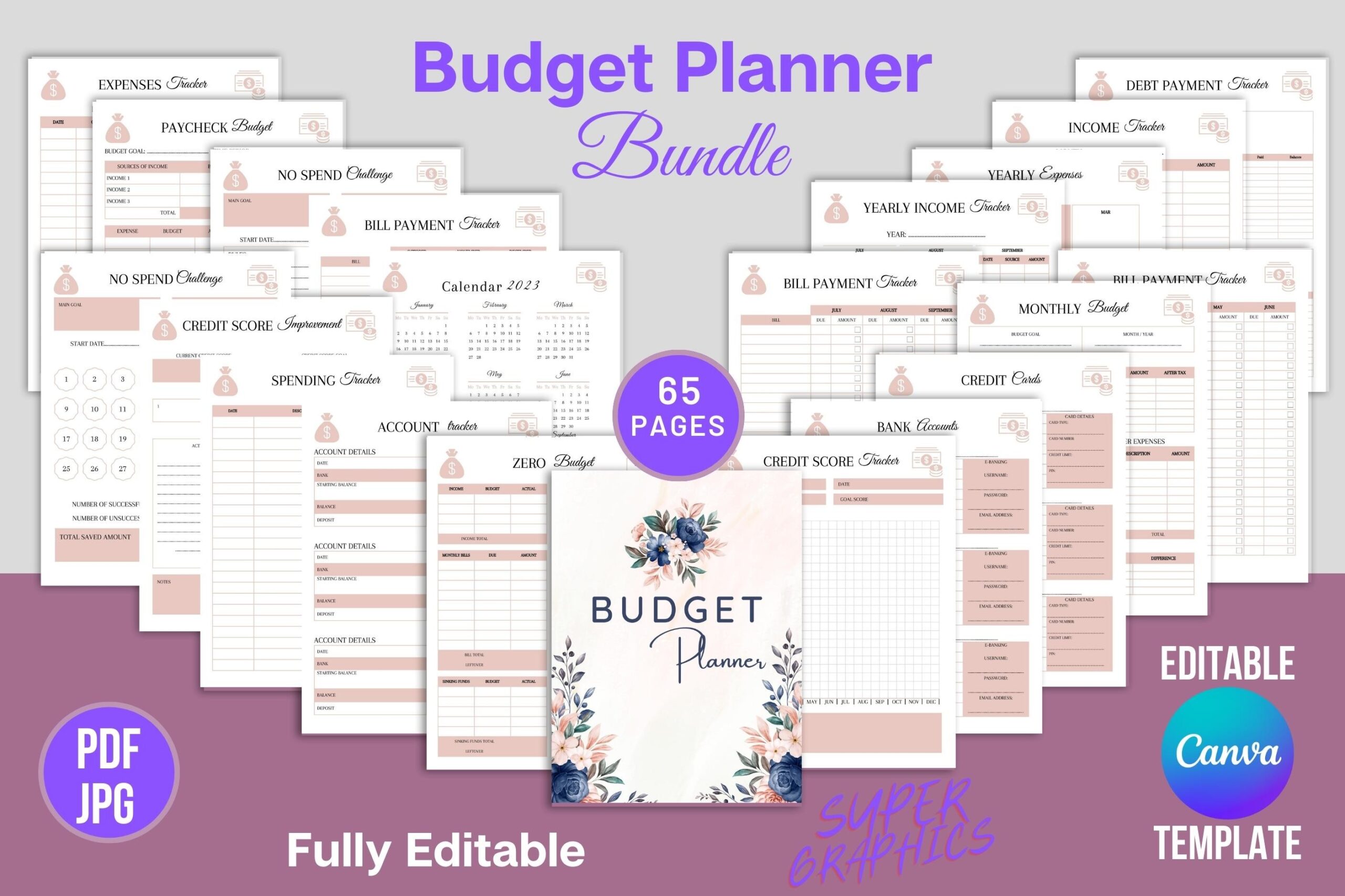 Budget Planner Bundle – Canva Template (65 Pages)