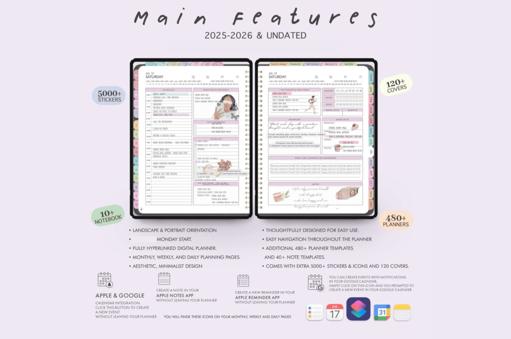 Hyperlinked 2025-2026 undated digital planner PDF for GoodNotes on iPad and Android preview 4