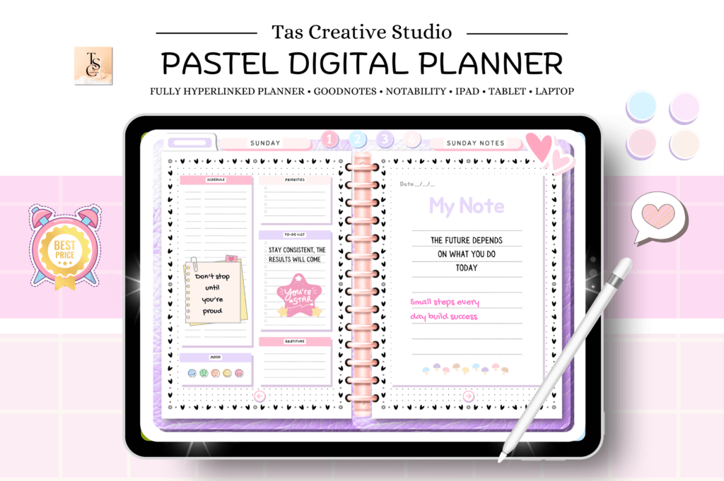 ADHD undated digital planner for GoodNotes with hyperlinked daily, weekly, monthly pages preview 1