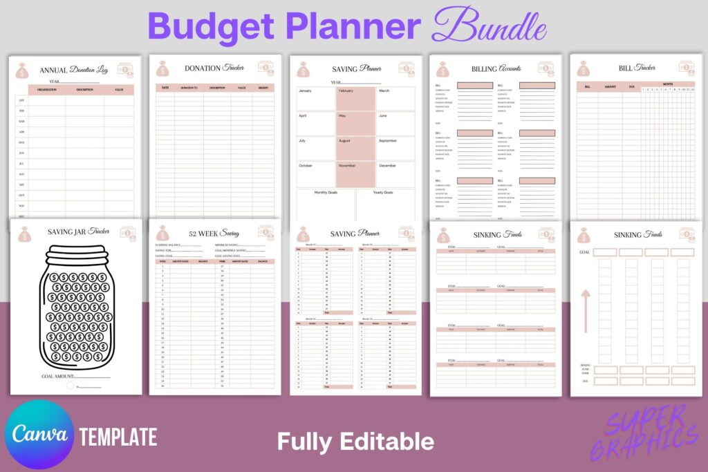 Editable budget planner Canva template bundle with 65 printable pages preview 5