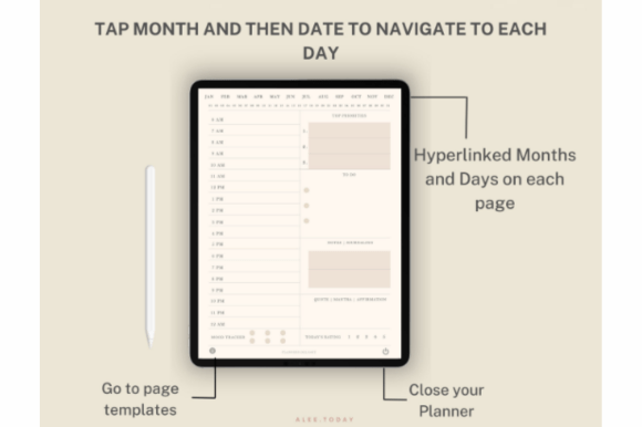 Undated digital daily planner for GoodNotes with hyperlinked pages and stickers preview 3