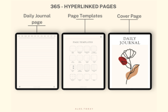 Digital GoodNotes daily journal with 365 undated hyperlinked pages and stickers preview 1