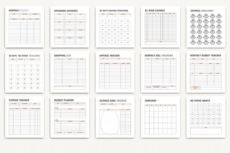 Printable budget planner PDF pages with monthly budget, expense and savings trackers preview 4