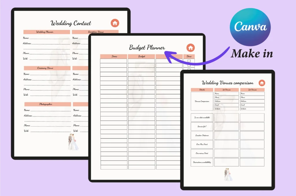 Editable Canva digital wedding planner for iPad with hyperlinked index pages preview 5