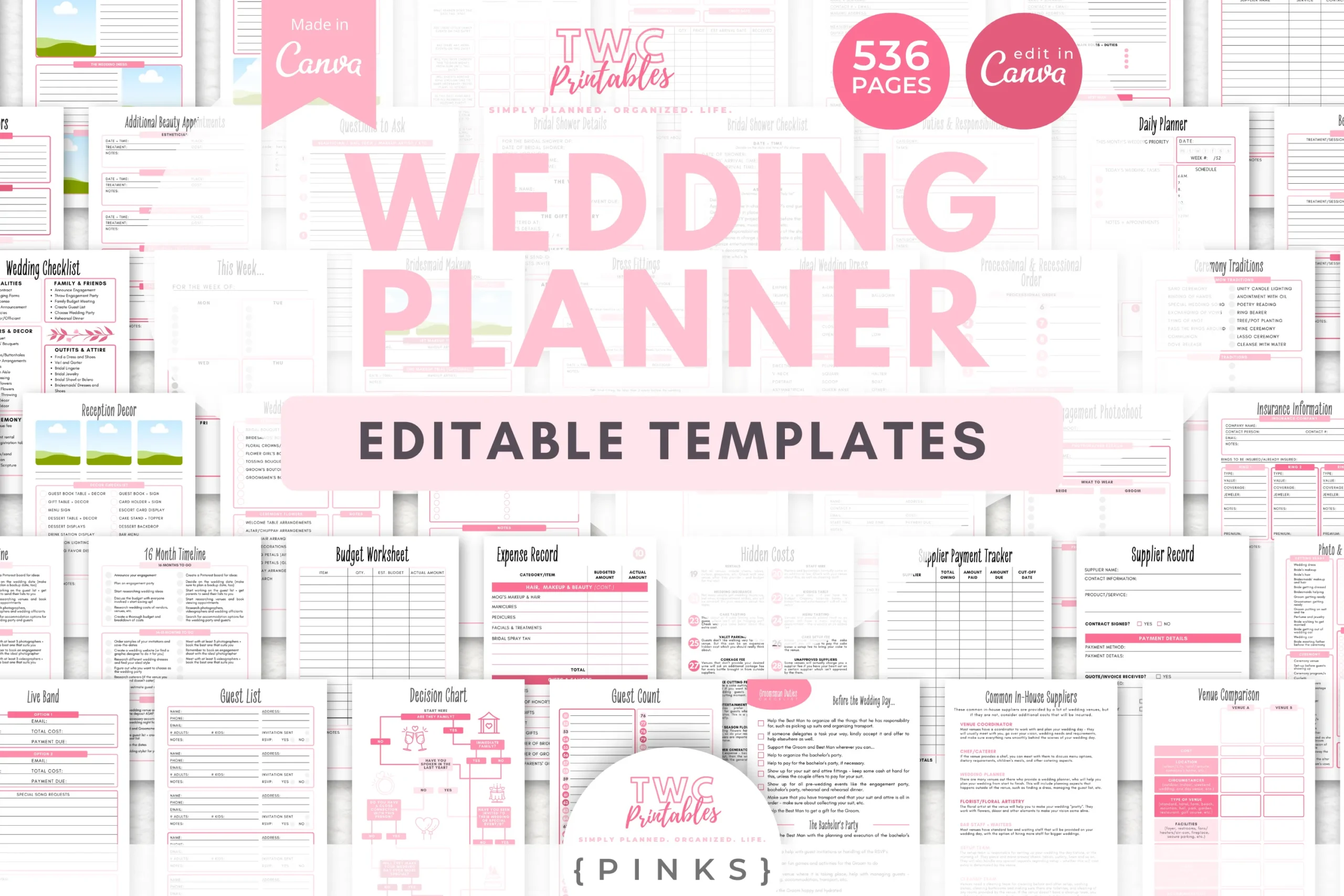 Wedding Planner Canva Templates in Pinks