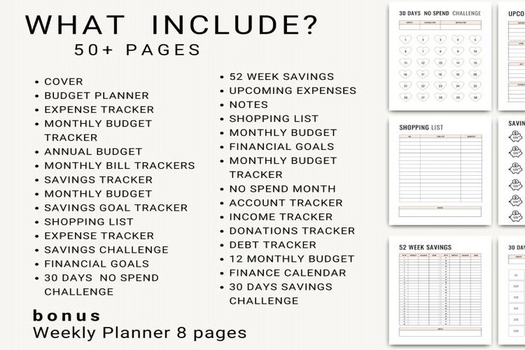 Printable budget planner PDF pages with monthly budget, expense and savings trackers preview 2
