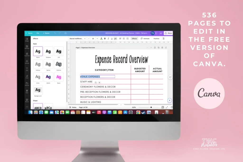 Wedding planner Canva templates in pinks, editable binder pages and dividers preview 1