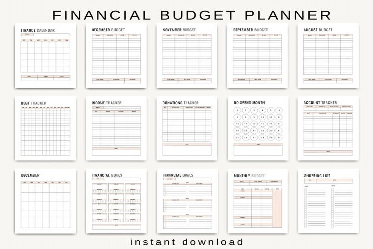 Printable budget planner PDF pages with monthly budget, expense and savings trackers preview 3
