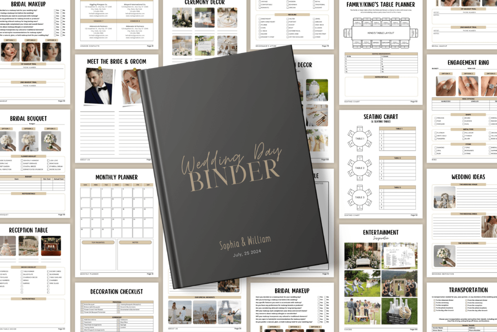 150-page wedding day binder template for Canva, letter size, fully editable preview 1