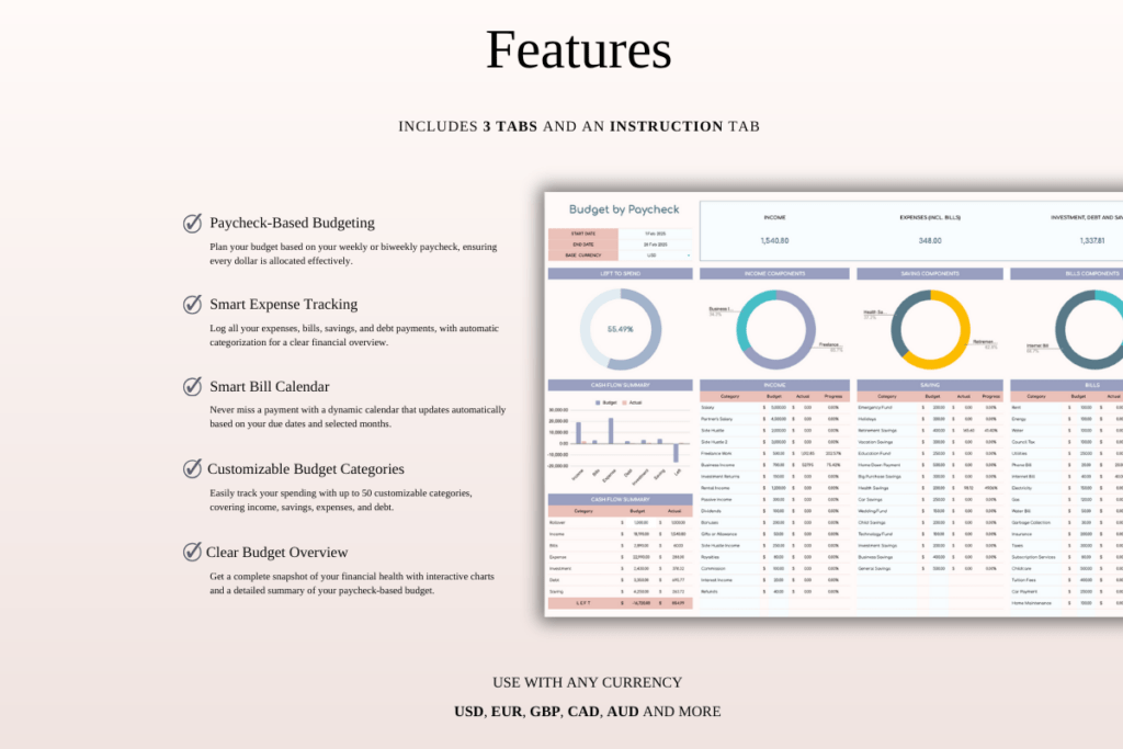 Budget by paycheck spreadsheet for Excel and Google Sheets with bill tracker preview 1