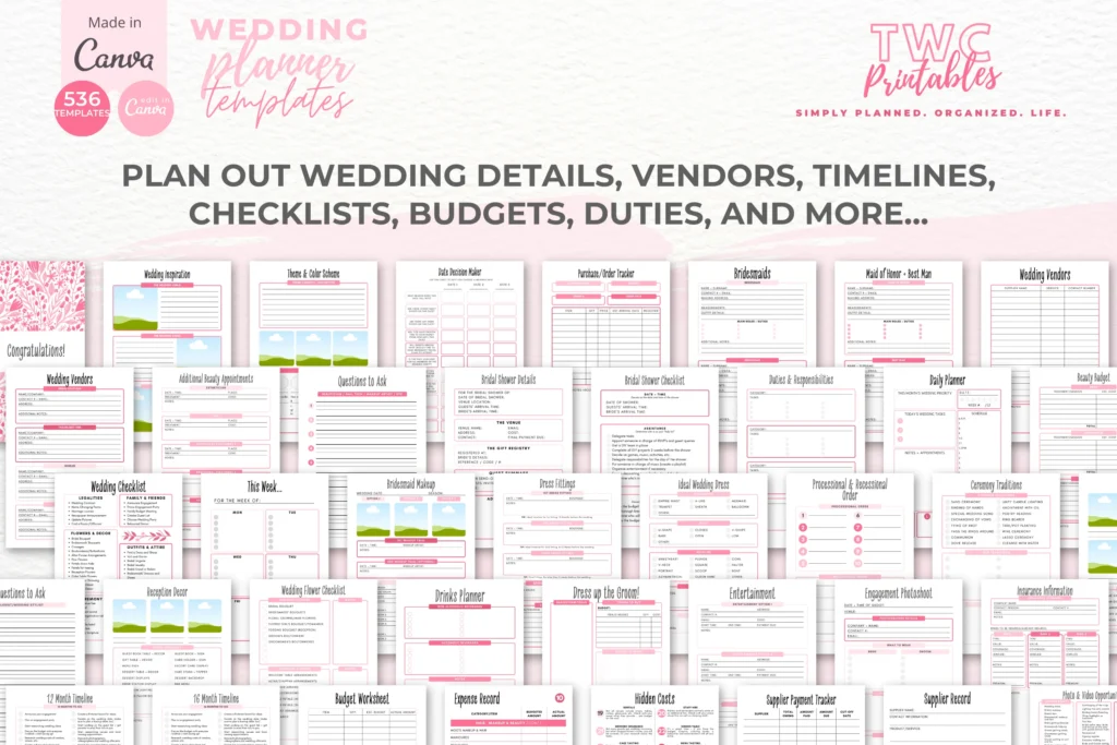 Wedding planner Canva templates in pinks, editable binder pages and dividers preview 2
