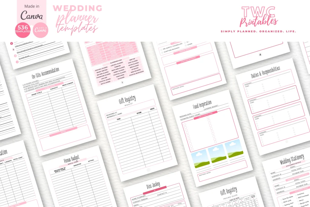 Wedding planner Canva templates in pinks, editable binder pages and dividers preview 3